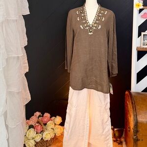 JM Collection 100% Linen Beaded V-Neck Tunic Blouse Brown